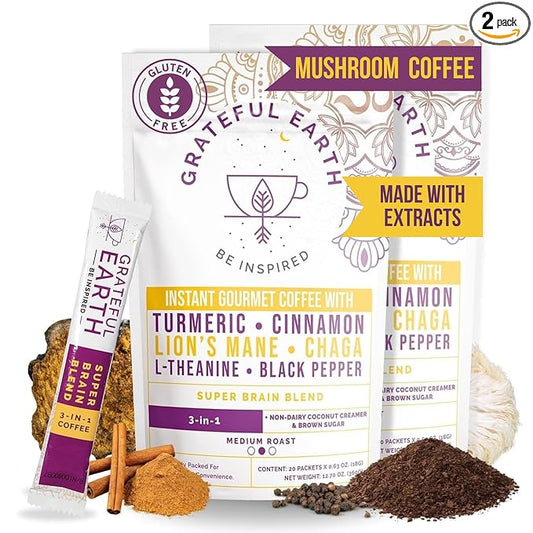 Grateful Earth Mushroom Coffee, Coconut Instant Coffee with Cinnamon, Turmeric, Lion’s Mane Mushrooms, L-Theanine, Chaga, Super Brain Blend, Energy & Immune Support, Dairy & Gluten Free, 2 Bags, 40 Ct