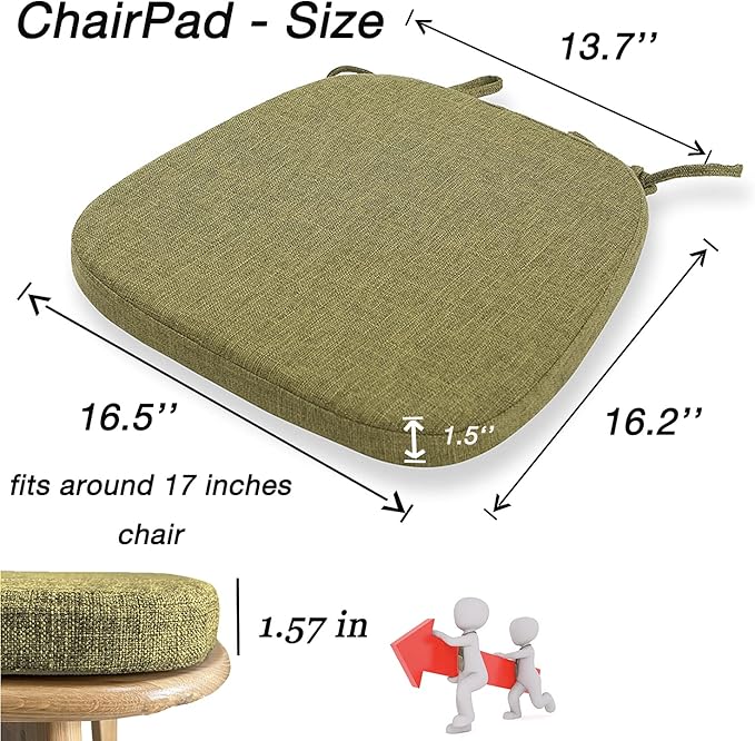 Chair Cushion with Ties for Dining Chairs - Memory Foam Non Slip Kitchen Chair Pad and Dining Seat Cushion with Machine Washable Cover [16.5 x 16.2 Inches] - Green