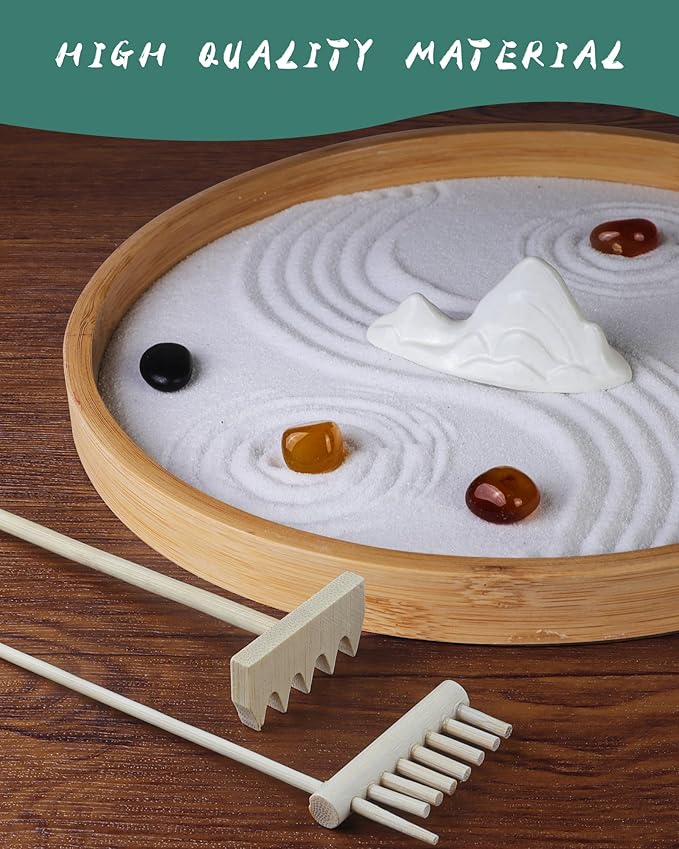 Melonva Japanese Zen Garden for Desk - Static Mountain 10" x 10" Desktop Mini Zen Garden with White Sand Artificial Tree Rocks Rakes & Accessories - Meditation Zen Gifts Sand Garden Kit for Office