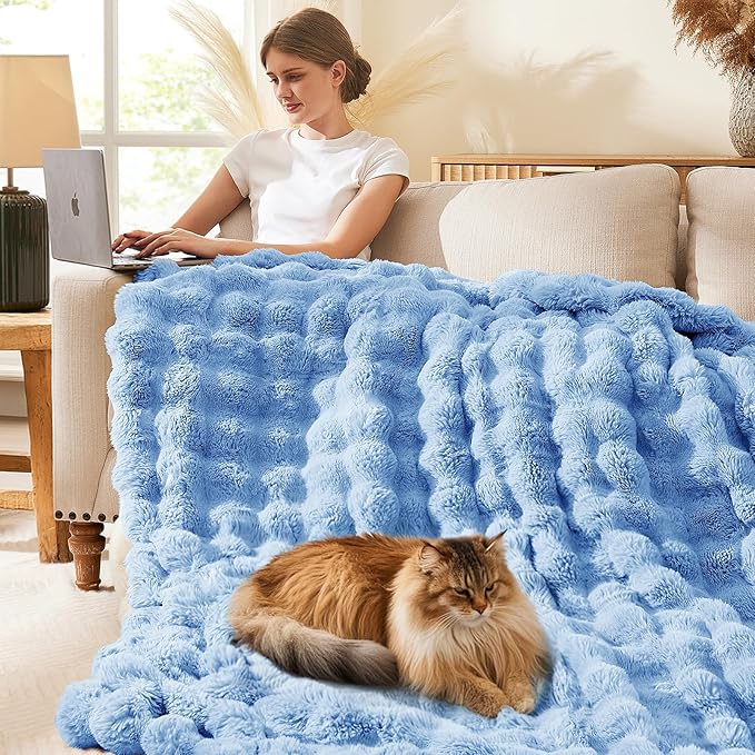 L'AGRATY Faux Fur Throw Blanket: 50" x 60" Luxury Soft Fluffy Rabbit Fur Blankets Twin for Couch Bed Sofa - Cozy Plush Bubble Blankets for Winter: Flannel Fleece Decorative Blanket(Airy Blue)