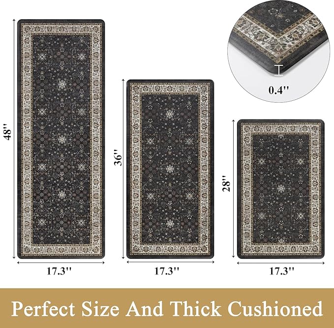 Pauwer Anti Fatigue Kitchen Mat Set of 3 Non Slip Kitchen Mats for Floor Cushioned Kitchen Rugs Comfort Standing Mat Farmhouse Waterproof PVC Foam Kitchen Floor Mat Runner, Black