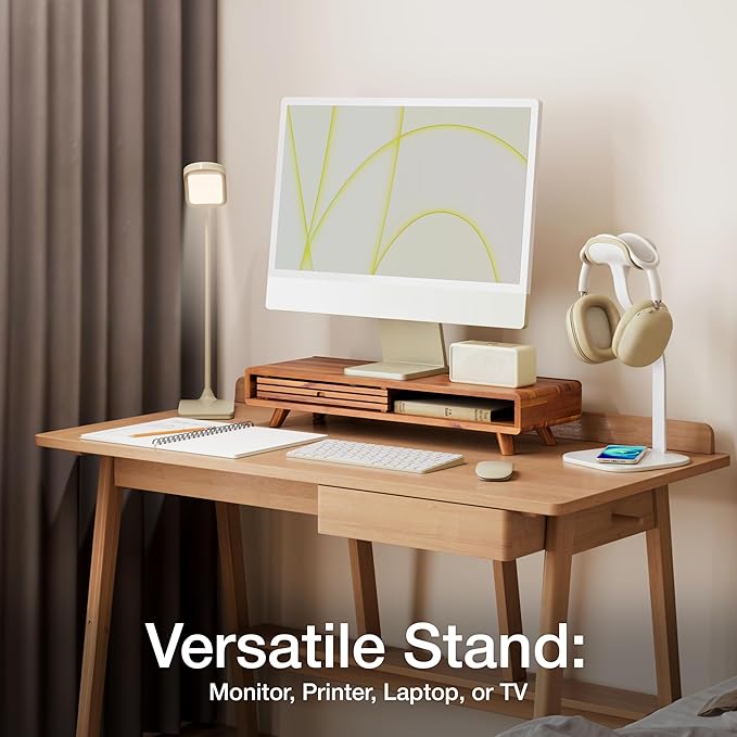 Tinamo Acacia Monitor Stand Riser with Sliding Door - Wooden Monitor Riser for Desk - Computer Monitor Stand for Desk - Multi-Purpose Desktop Storage Stand for Computer; Laptop; TV(24.4 " x 8" x 5")