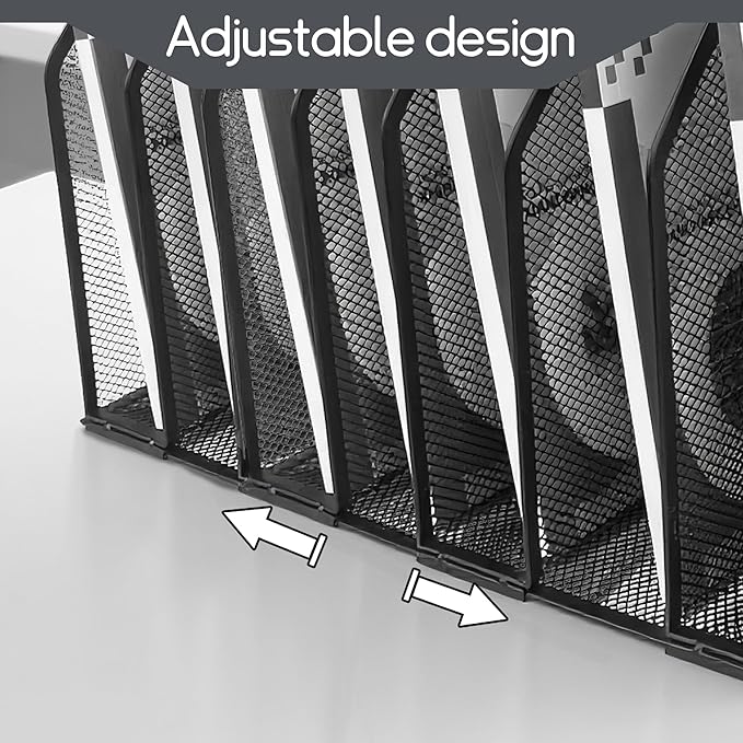 Adjustable Desk File Organizer,Detachable Office Folder Organizer,Compact Vertical Desk File Holder,Wrought Iron Paint,Suitable for Home, School, Office Classrooms (Black - 7 grids)