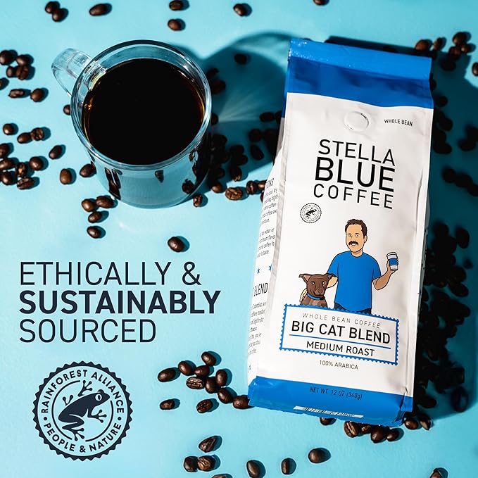 Stella Blue Whole Bean Coffee, Big Cat Blend, Medium Roast, Caramel, Hazelnut and Fruity Notes, 100% Arabica, Ethically Sourced from Central and South America, 12 oz bag