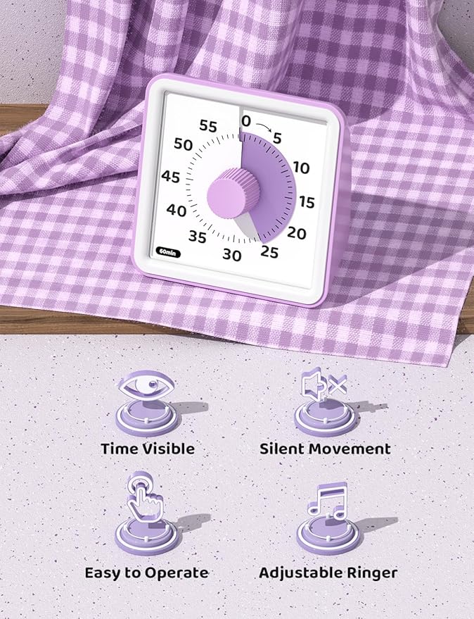 LIORQUE Visual Timer for Kids, 60-Minute Countdown Timers for Classroom Office Kitchen with Silent Operation, Kids Timer for Teaching (Batteries Included)