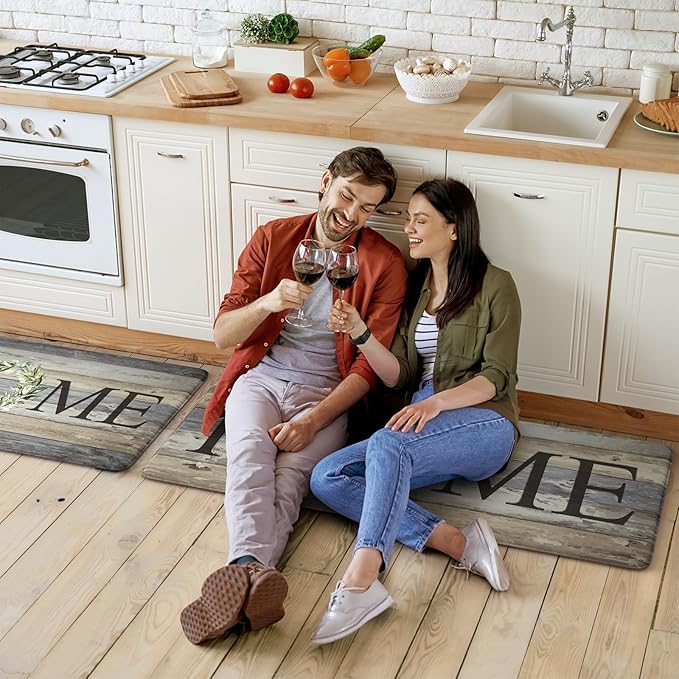 KIMODE Anti Fatigue Mats for Kitchen Floor,Farmhouse Rugs Sets of 2,Cushioned Carpet Non Slip for Laundry,Wide Memory Foam Runner for Sink Office,Grey 20"x47"+20"x32"