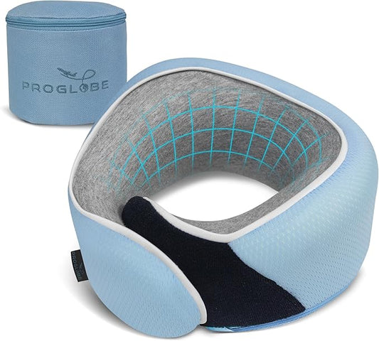 Proglobe Junior Kids Travel Neck Pillow - Ergonomic Memory Foam Pillow for Airplane, Car, Booster Seat - Soft, Washable, Compact Travel Pillow with Strap - Light Blue - Ages 4–13