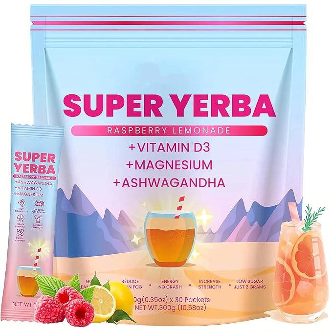 Super Yerba Mate Instant Powder - Raspberry Lemonade Flavor | Mental Clarity & Digestive Support with Antioxidants - 30 Servings