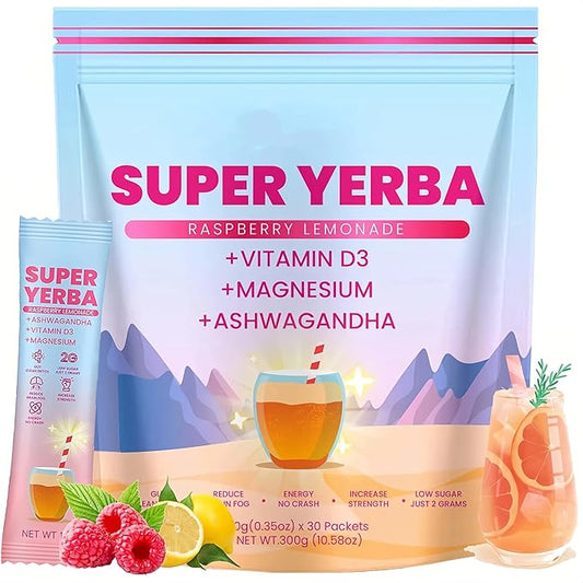 Super Yerba Mate Instant Powder - Raspberry Lemonade Flavor | Mental Clarity & Digestive Support with Antioxidants - 30 Servings