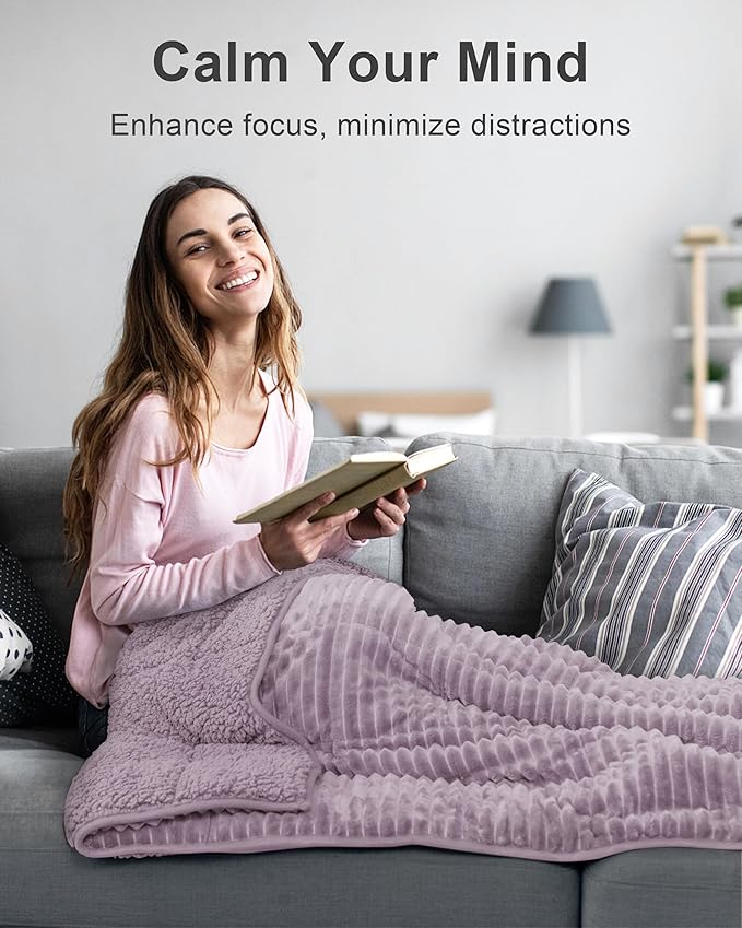 Sherpa Fleece Adult Weighted Blanket 20lbs with Ribbed Stripes, Dual Sided Fuzzy Warm Blanket for Couch Bed Sofa, Heavy Thick Blankets with Ceramic Beads Great for Sleep, Light Purple, 60" x 80"