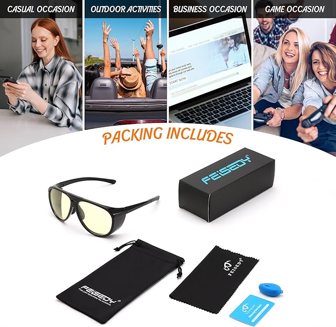 FEISEDY Yellow Lens Gaming Glasses Blue Light Glasses for Woman Men Computer Gamer Eyeglasses Anti Eyestrain Glare G0095