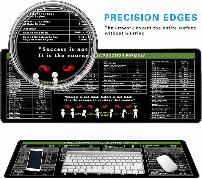 Excel Cheat Sheet Desk Pad, 31.5"x11.8", Waterproof Extra Large Excel Shortcut Mat with Stitched Edges, Anti-Slip Excel Mouse Pad for Office Desk, MS Excel/Word Shortcuts (Green Excel G)