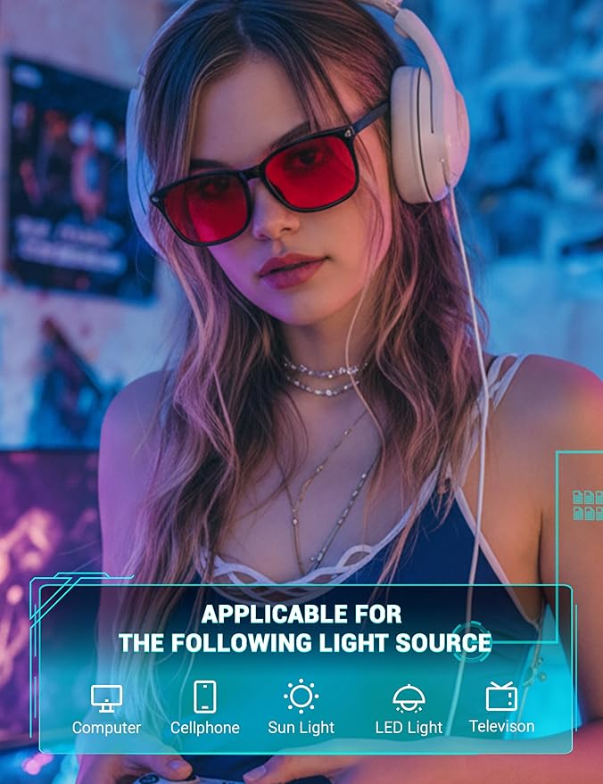 TIJN Sleep Glasses with Blue Green Light Blocking, Red Light Lens for Computer Gaming, Screen Fatigue & UV Protection