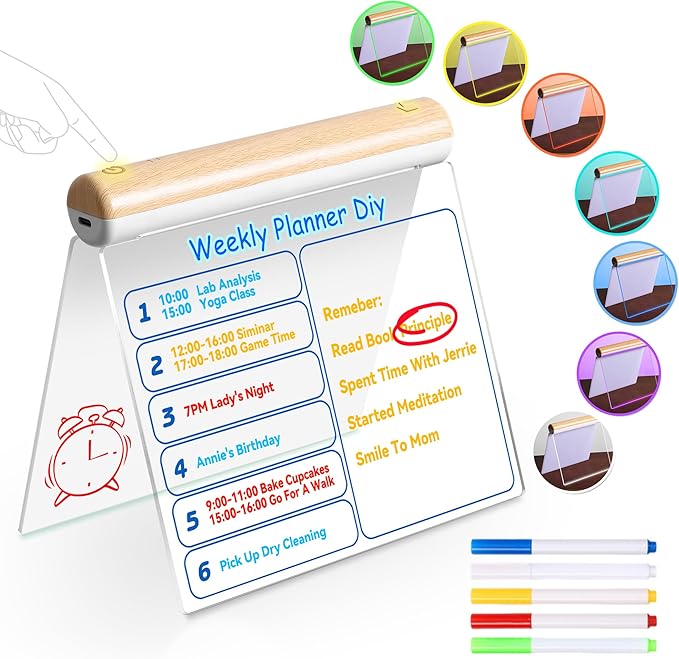 Led Note Board with Colors, Dual-Sided Acrylic Message Board Led Drawing Writing Board for Kids, 7.9 Inch X 6.3 Inch Magical Light Board, Touch Control for Office/Home/School Kitchen/Gift