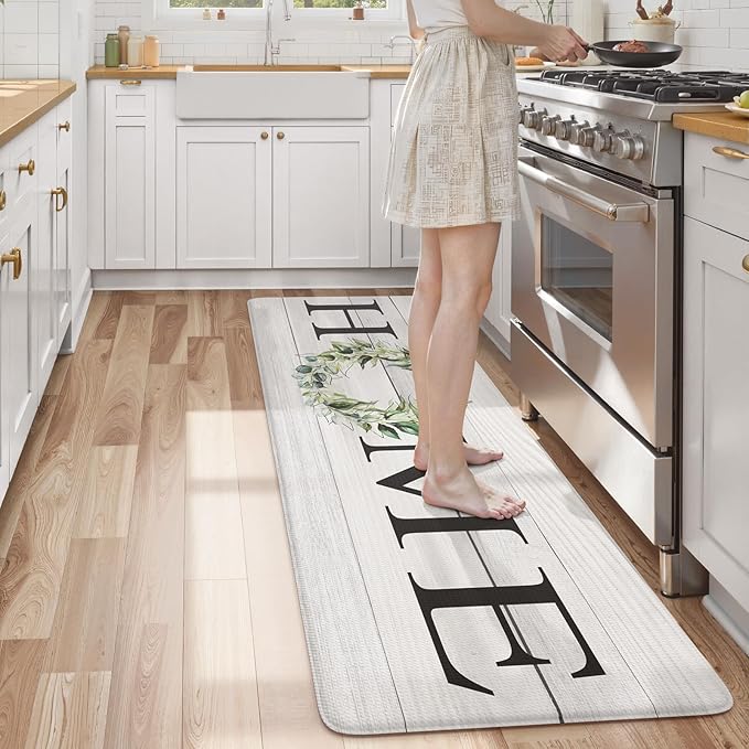 KIMODE Kitchen Mats Cushioned Anti Fatigue 24" x 59", Farmhouse Kitchen Rugs Runner Stain Resistant, Wide Ergonomic Standing Long Non Slip Waterproof Kitchen Floor Mat for Sink Laundry, White