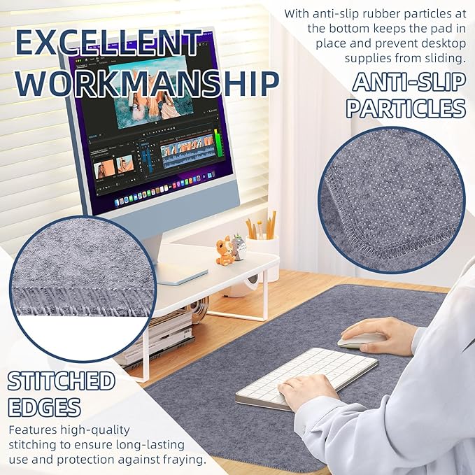 Large Felt Desk Protective Pad, 100X40cm/40''X16'' Non-Slip Felt Desk Mat Extended Gaming Mouse Pad Large Desk Pad Protector for Keyboard, Computer, Mouse, Laptop (Grey)