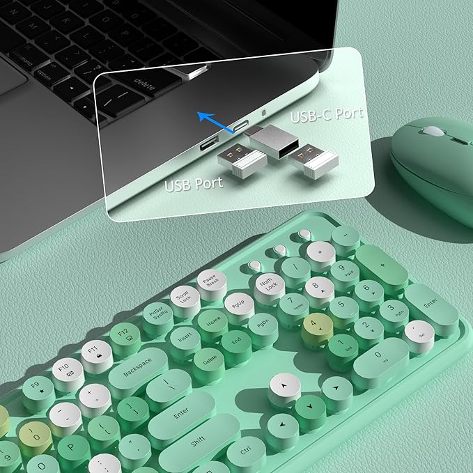 Colorful Wireless Keyboard and Mouse Combo, COVEVA 2.4GHz Wireless Retro Cute Round Keycaps Keyboard, 104 Keys Full-Sized Keyboard Mouse Set with Switch Button for PC Laptop Desktop (Green Colorful)
