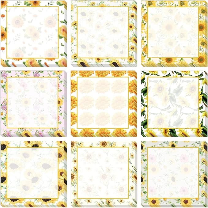 9 Pieces Sunflower Sticky Note Adhesive Cute Sunflower Memo Notes Self-Stick Spring Sunflower SNote Pads for Reminders, Study, Work, Office, School and Home, 9 Styles