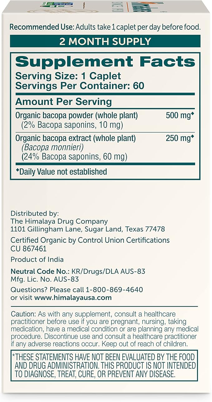 Himalaya Bacopa Monnieri Nootropic Herbal Supplement, Supports Calm, Memory, Cognition, USDA Certified Organic, Non-GMO, 750 mg, 60 Plant-Based Caplets, 60 Day Supply