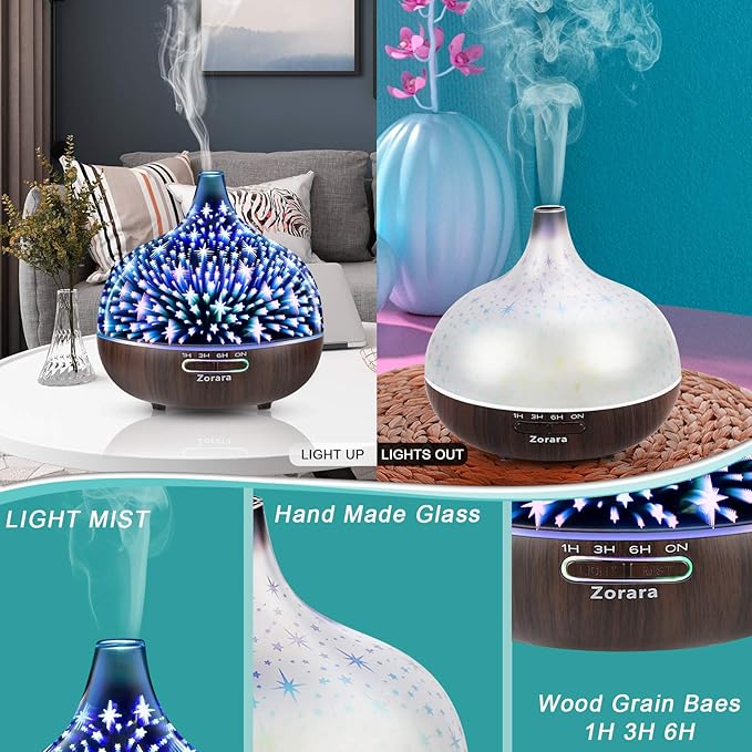 Essential Oil Diffuser 550ml Cool Mist Humidifier 3D Glass Ultrasonic Aromatherapy Humidifier with 7 Color Changing Led Lights, Waterless Auto Shut-Off, Adjustable Timer, Remote Control, Star