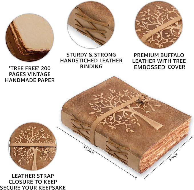 LEATHER VILLAGE Tree of Life Journal - 13 X 8 inches - Brown - 200 Antique Deckle Edge Handmade Paper – Book of Shadows - Vintage Leather Bound Journal for Women & Men