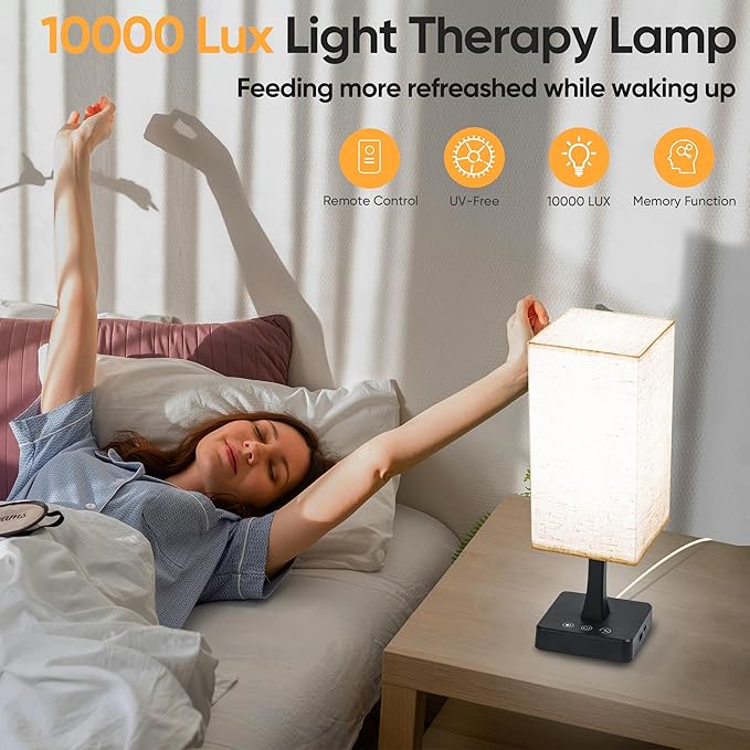 Light Therapy Lamp 10000 Lux Therapy Light with Remote and Touch Control, 3 Color Temperature, 5 Brightness Level Full Spectrum Light with USB C & A Ports Home/Office Use As Lift Mood, Black, 24W