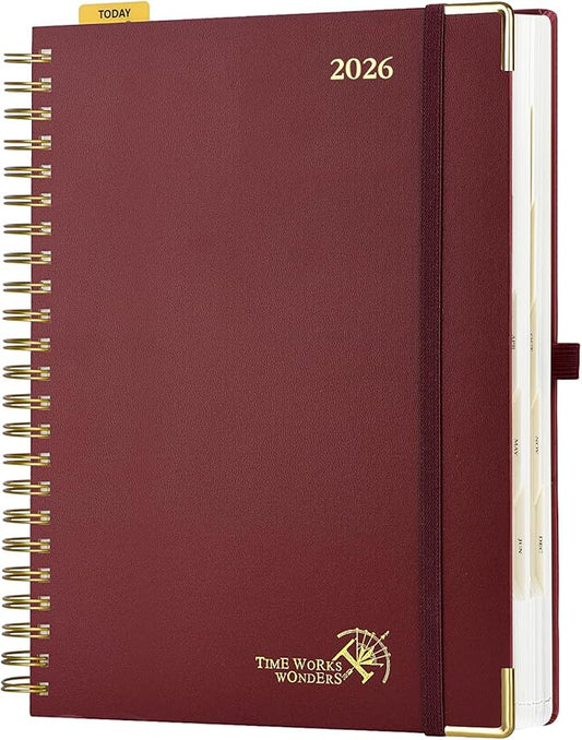 POPRUN 2026 Daily Planner One Page A Day - [A4 Large Size 8.25" x 12" -Spiral Hard Cover], Agenda 2026 Hourly Appointment Book with Monthly Calendar, Pen Holder, Ivory Paper -Burgundy