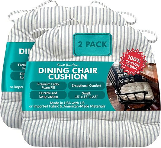 Barnett Home Decor Ticking Stripe Berlin Blue Dining Chair Pads with Ties - Pack of 2 Size 15 x 17 Chair Cushions - Latex Foam Fill - Machine Washable, 100% Cotton, Made in USA (Light Blue)