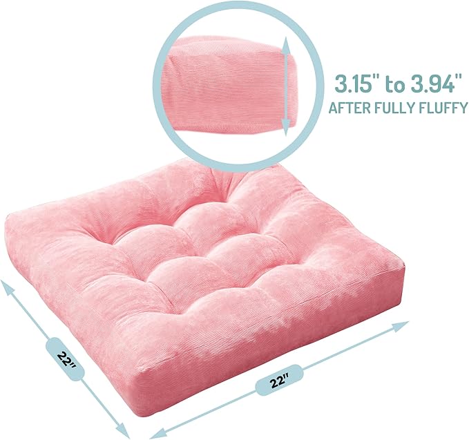 Meditation Floor Pillow Pink, Square Large Pillows Seating for Adults, Tufted Corduroy Cushion for Living Room Tatami, 22x22 Inch, 1 Count (Pack of 1)