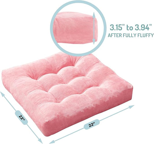 Meditation Floor Pillow Pink, Square Large Pillows Seating for Adults, Tufted Corduroy Cushion for Living Room Tatami, 22x22 Inch, 1 Count (Pack of 1)