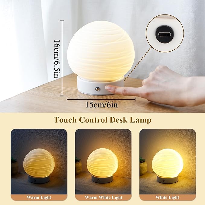 JHY DESIGN 3 Colors Bedside Rechargeable Table Lamp 6.5" H Globe Shade Battery Operated Desk Lamp Translucent Ceramics Dimmable LED Touch lamp for Living Room Bedroom Cafe Outdoors Kids Room(Planet)