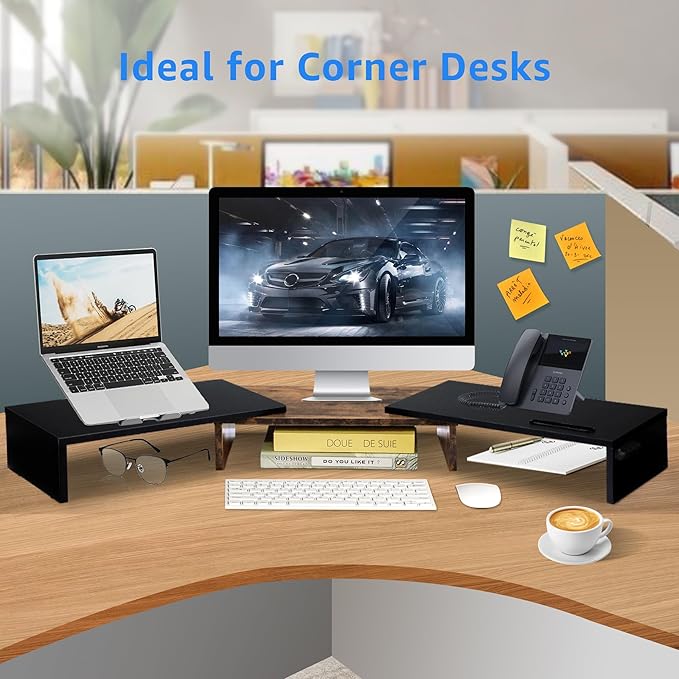 Dual Monitor Stand Riser for 2 Monitors, Monitor Stand for Desk, Adjustable Length Swivel Angle Wooden Desktop Organizer Stand Riser with Smartphone Holder for PC Monitor, Rustic Brown