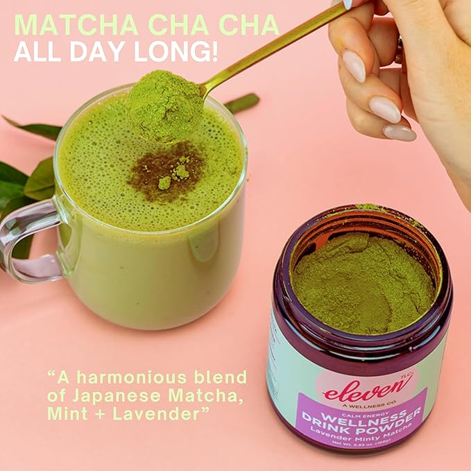 Eleven TLC Mint Matcha Powder with Lavender – Sugar-Free Japanese Green Tea for Lattes, Mocktails, Smoothies – Calm Energy, L'Theanine, Vegan, Low-Calorie, Barista-Approved Wellness Mix, Packaged Glass Jar