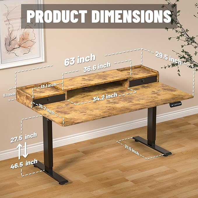 63 x 30 Inch Electric Standing Desk with 2 Drawers, Adjustable Height Widened Stand Up Desk with Storage, Sit to Stand Ergonomic Workstation for Home Office, Rustic Brown