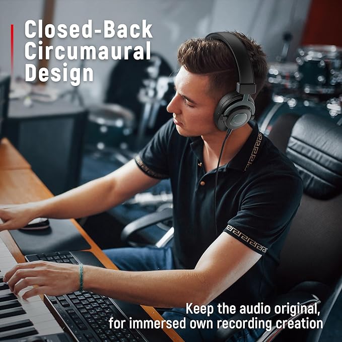 FIFINE Studio Monitor Headphones for Recording-Over Ear Wired Headphones for Podcast Monitoring, Streaming Comfortable Equipment with Detachable Cables 3.5mm or 6.35mm Jack, Black, on PC/Mixer-H8