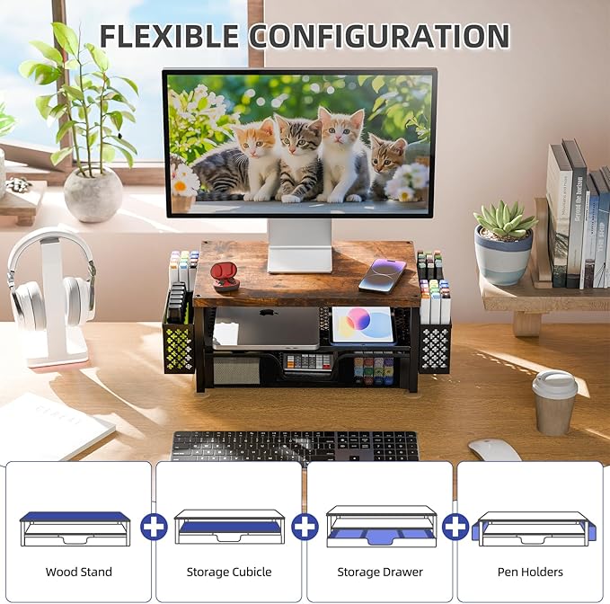 Simple Trending 2 Tier Monitor Stand Riser, Wood Computer Desk Organizer with Drawer and Pen Holder for Laptop Office, iMac, Brown