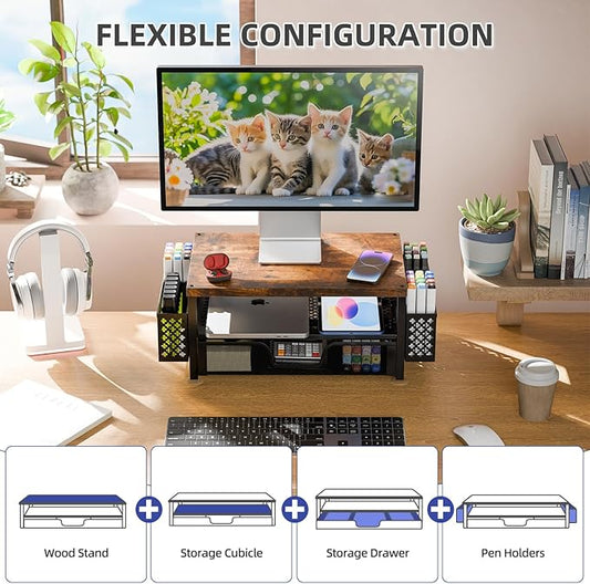 Simple Trending 2 Tier Monitor Stand Riser, Wood Computer Desk Organizer with Drawer and Pen Holder for Laptop Office, iMac, Brown