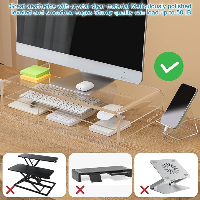 Acrylic Monitor Stand - 20" L x 10" W x 4" H Clear Riser With Removable Storage Compartment for Laptop, TV Screen, Printer - Includes Free Cell Phone Stand