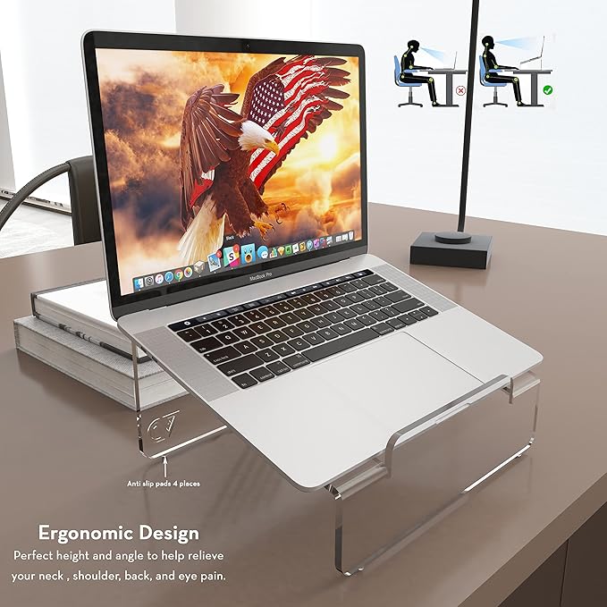 6MM Thick Clear Acrylic Laptop Holder, Portable & Ergonomic Laptop Stand for Desk, Clear Laptop Riser Compatible 10 to 17 inches Laptops & MacBook | Made in USA