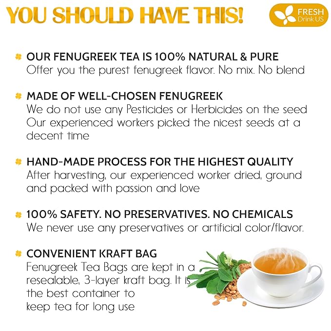 FreshDrinkUS, Premium 120 Fenugreek Tea Bags, 100% Natural & Pure from Fenugreek. Fenugreek Herbal Tea. Made with Natural Material Tea Bags. No Sugar, No Caffeine, No Gluten, Vegan.