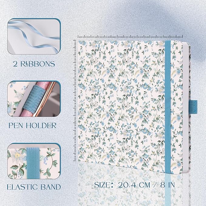 TIEFOSSI Dotted Journal Notebook, Dot Grid Notebook for Women Men, Fabric Flower Journal, 160 GSM Thick Paper, 160 Numbered Pages with Gold Edges, 8 x 8 Square Diary