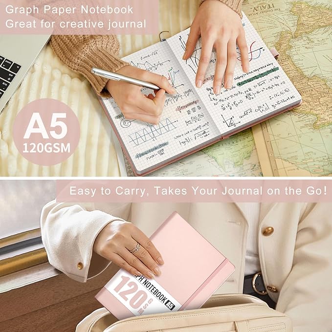 AHGXG Graph Paper Notebook - Grid Notebook Journal A5, 120 GSM Thick Graph Paper, 160 Pages, Leather Hardcover, for Graphing, Writing, Math, Engineering, 5.75'' × 8.38''- Rose Gold