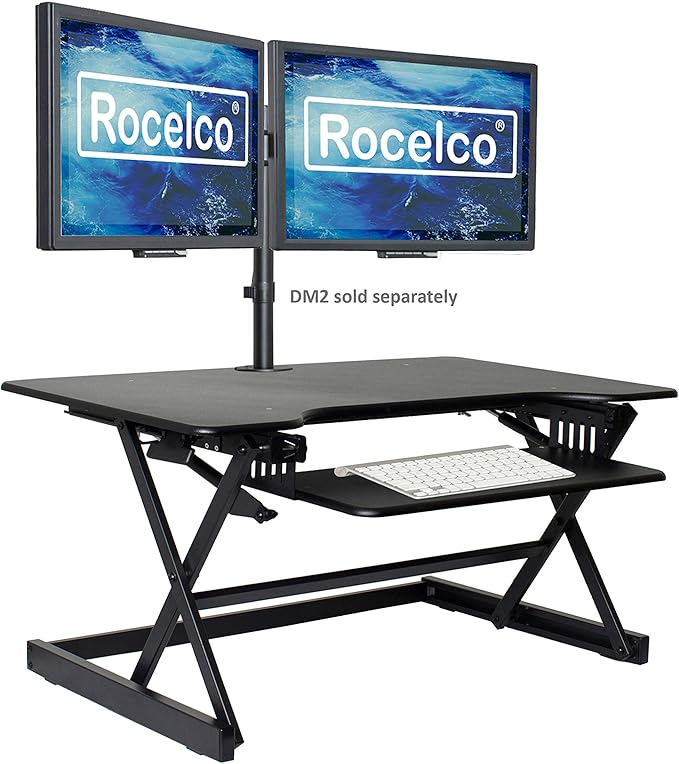 Rocelco 40" Large Height Adjustable Standing Desk Converter - Quick Sit Stand Up Dual Monitor Riser - Gas Spring Assist Computer Workstation - Retractable Keyboard Tray - Black (R DADRB-40)