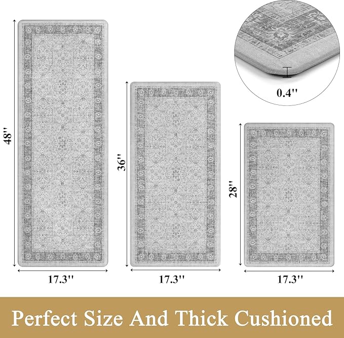 Pauwer Anti Fatigue Kitchen Mat Set of 3 Non Slip Kitchen Mats for Floor Cushioned Kitchen Rugs Comfort Standing Mat Farmhouse Waterproof PVC Foam Kitchen Floor Mat Runner, Light Grey