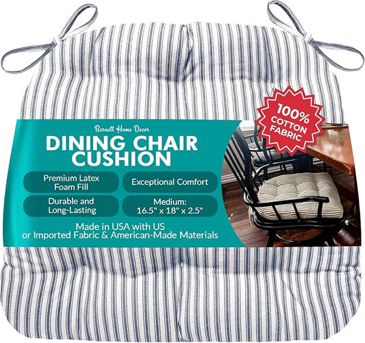 Barnett Home Decor Ticking Stripe Blue Dining Chair Pad with Ties - Medium Size 18 Chair Cushion - Latex Foam Fill - Machine Washable, Reversible, 100% Cotton, Made in USA (Navy)