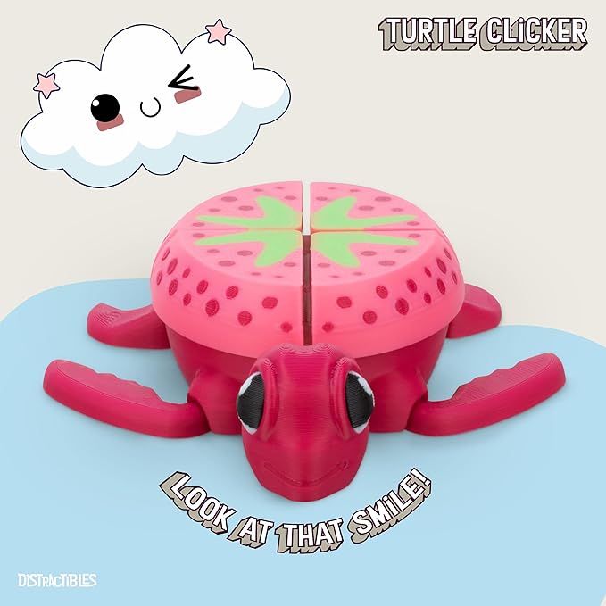 Distractible Turtle Fidget Toy, Articulating Design with Shell Clickers, Pocket-Sized & Durable, Stress Relief, ADHD, Autism & Stim (RED-Strawberry)