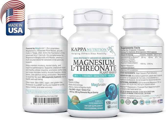 Kappa Nutrition Magbrain™ Magnesium L-Threonate Plant-Based, 420mg Elemental Magnesium (3 Capsules) from 2,253mg, 120 Vegan Capsules, Brain, Sleep & Muscle Support.