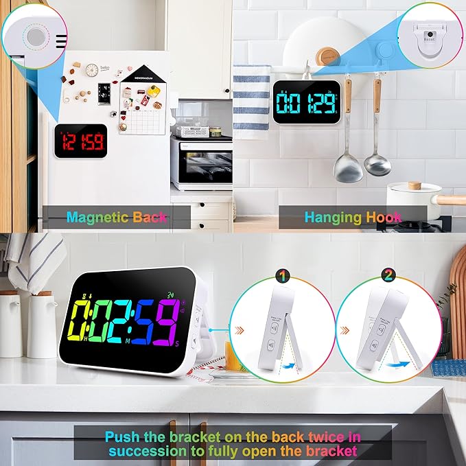 Digital Kitchen Timer, 10 RGB Color Rechargeable Magnetic Timer for Cooking with Countdown/Up, 5”LED Large Display with Sound Alert Function, Kids Timers for Classroom Gym Work Study Fitness Game