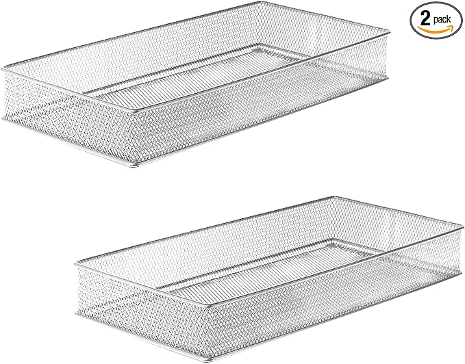 YBM HOME Silver Mesh Drawer Cabinet and or Shelf Organizer Bins, School Supply Holder Office Desktop Organizer Basket (2, 6x12x2 Inch)