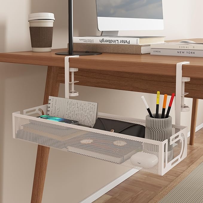 Under Desk Cable Management Tray - Management Organizers Holder, Management Under, No Drill to Desk Cable Raceway, Under Storage for Office, Kitchens, Home (White)
